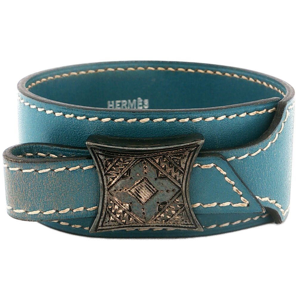 Hermes Touareg Blue Jean Leather Bangle Bracelet Alloy