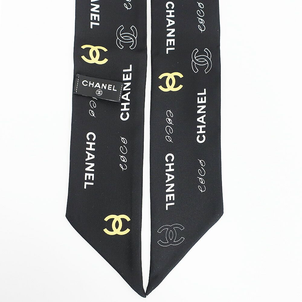 Chanel Ten Headband Ribbon Scarf Silk Black Multicolor CC Logo — view 5