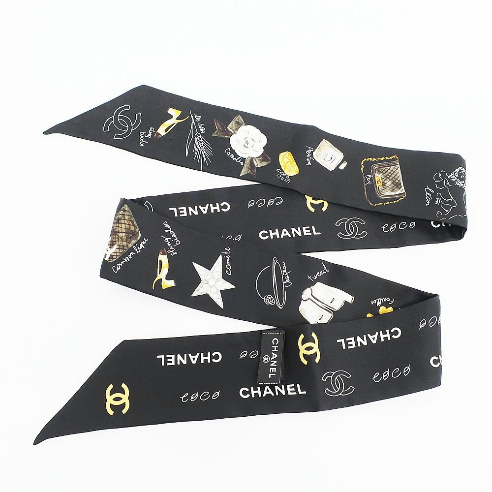Chanel Ten Headband Ribbon Scarf Silk Black Multicolor CC Logo — view 8