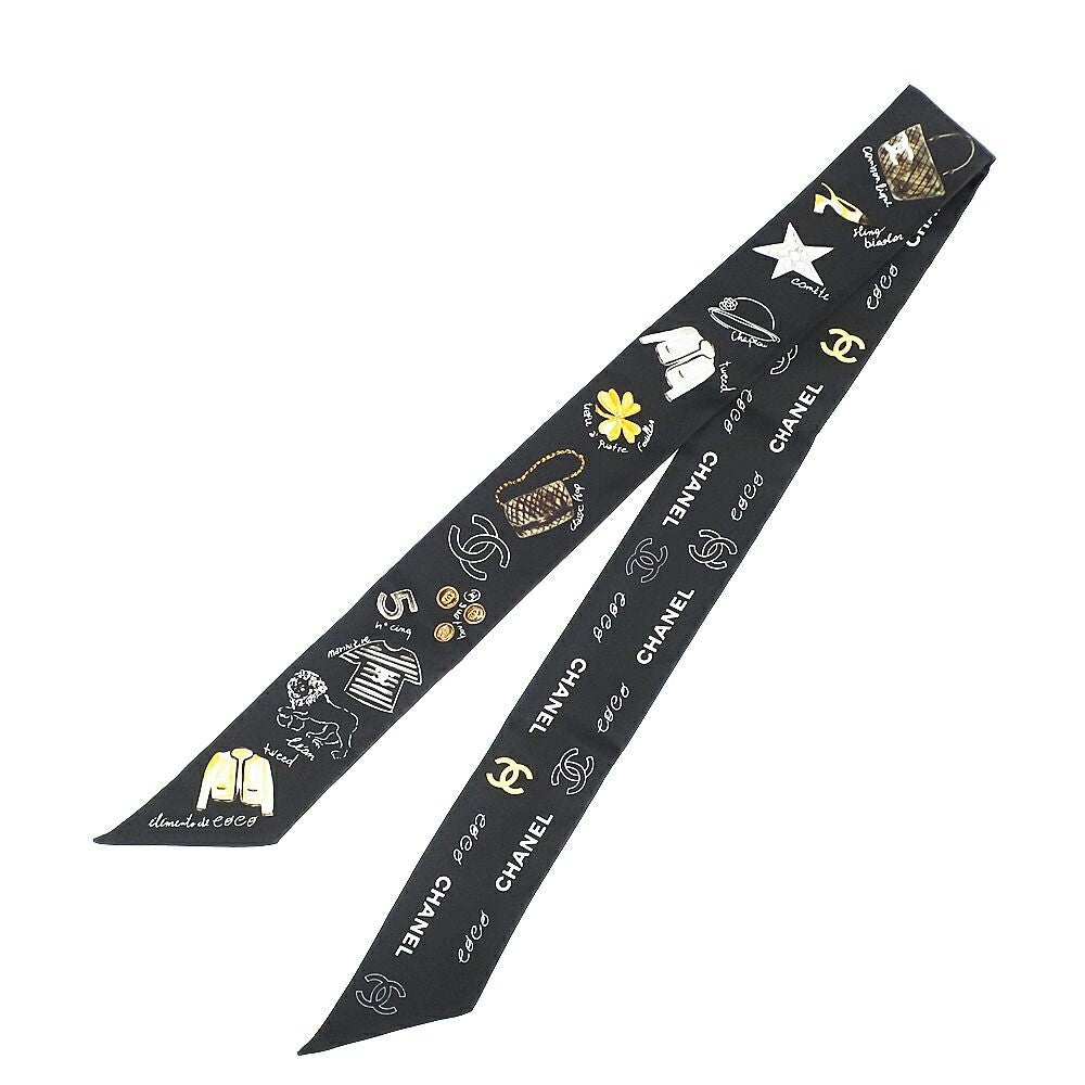 Chanel Ten Headband Ribbon Scarf Silk Black Multicolor CC Logo