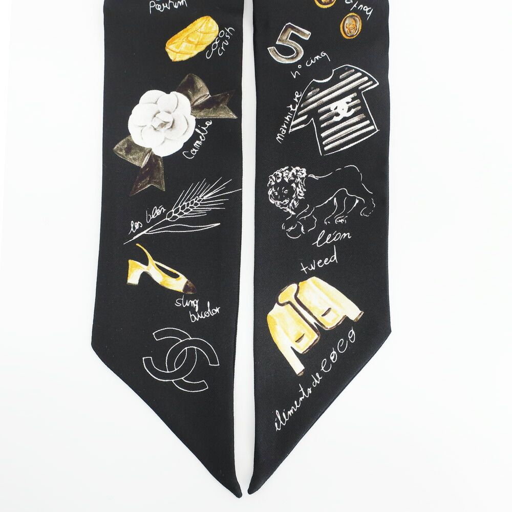 Chanel Ten Headband Ribbon Scarf Silk Black Multicolor CC Logo — view 3
