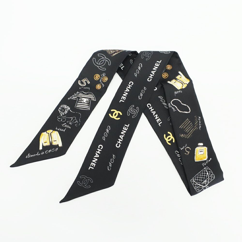 Chanel Ten Headband Ribbon Scarf Silk Black Multicolor CC Logo — view 9