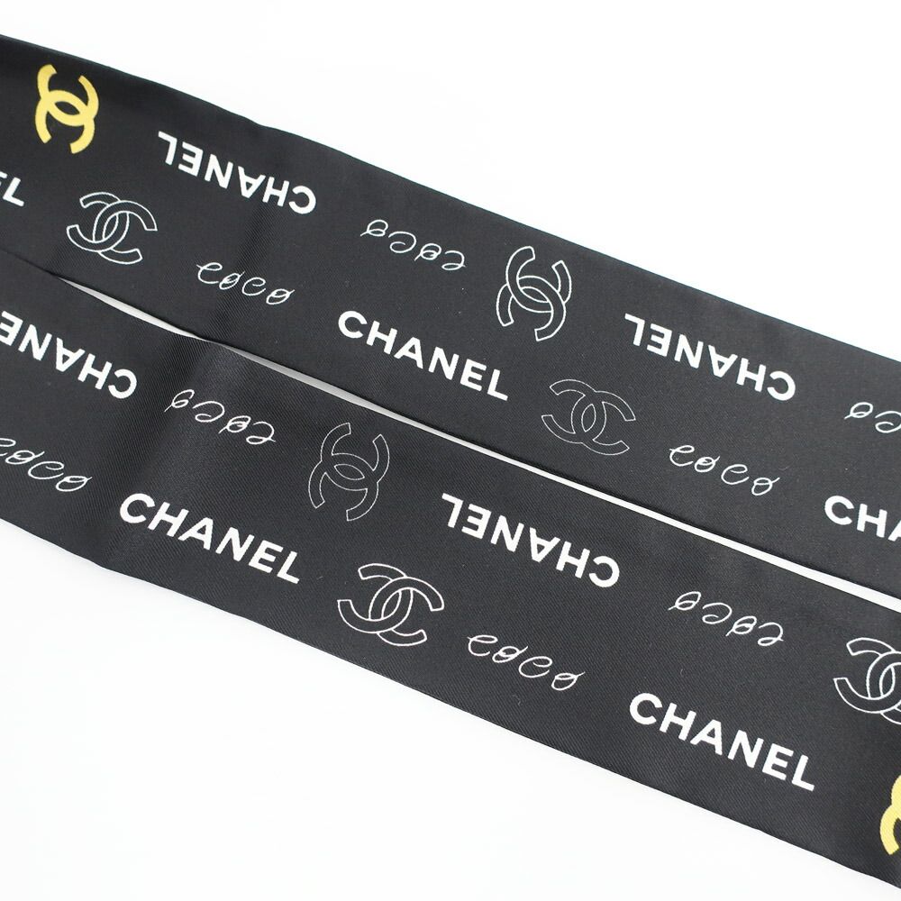 Chanel Ten Headband Ribbon Scarf Silk Black Multicolor CC Logo — view 6