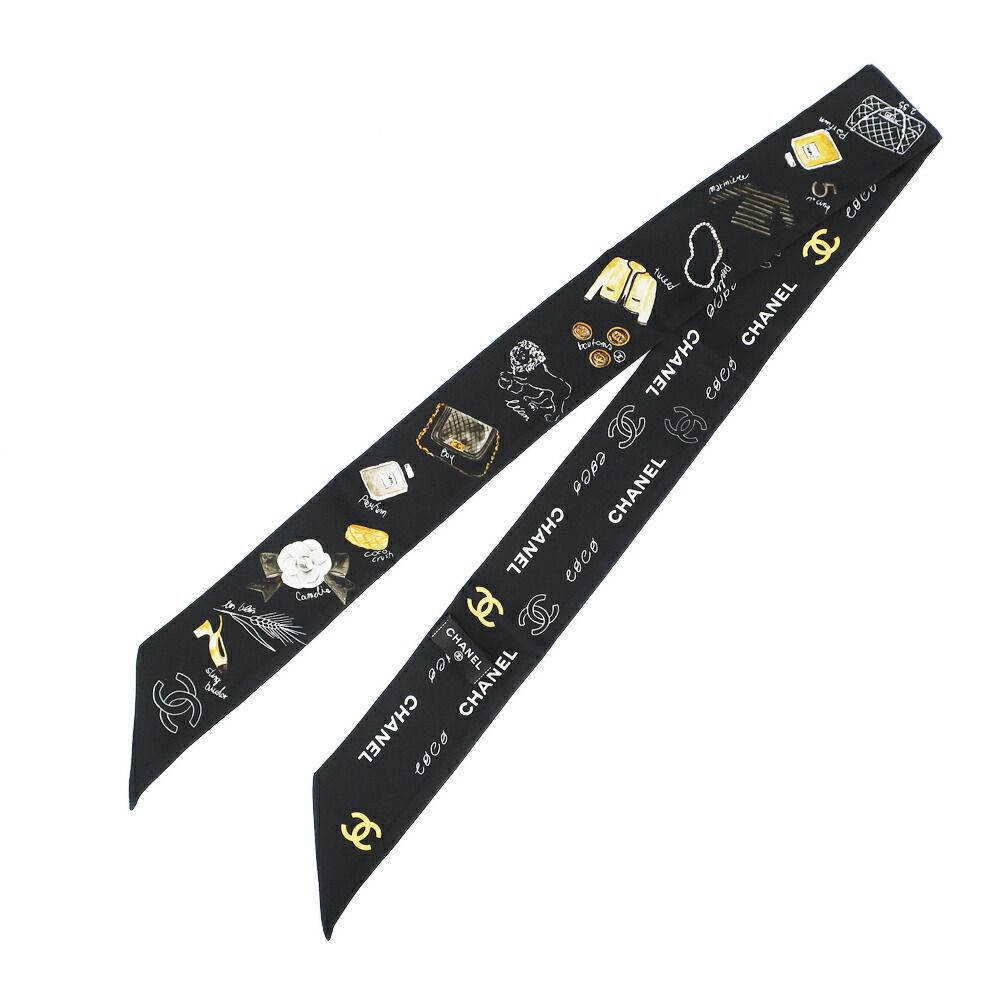 Chanel Ten Headband Ribbon Scarf Silk Black Multicolor CC Logo — view 2