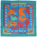 Hermes Scarf Carre 90 Puzzle Silk Blue Orange Multicolor Horse Large