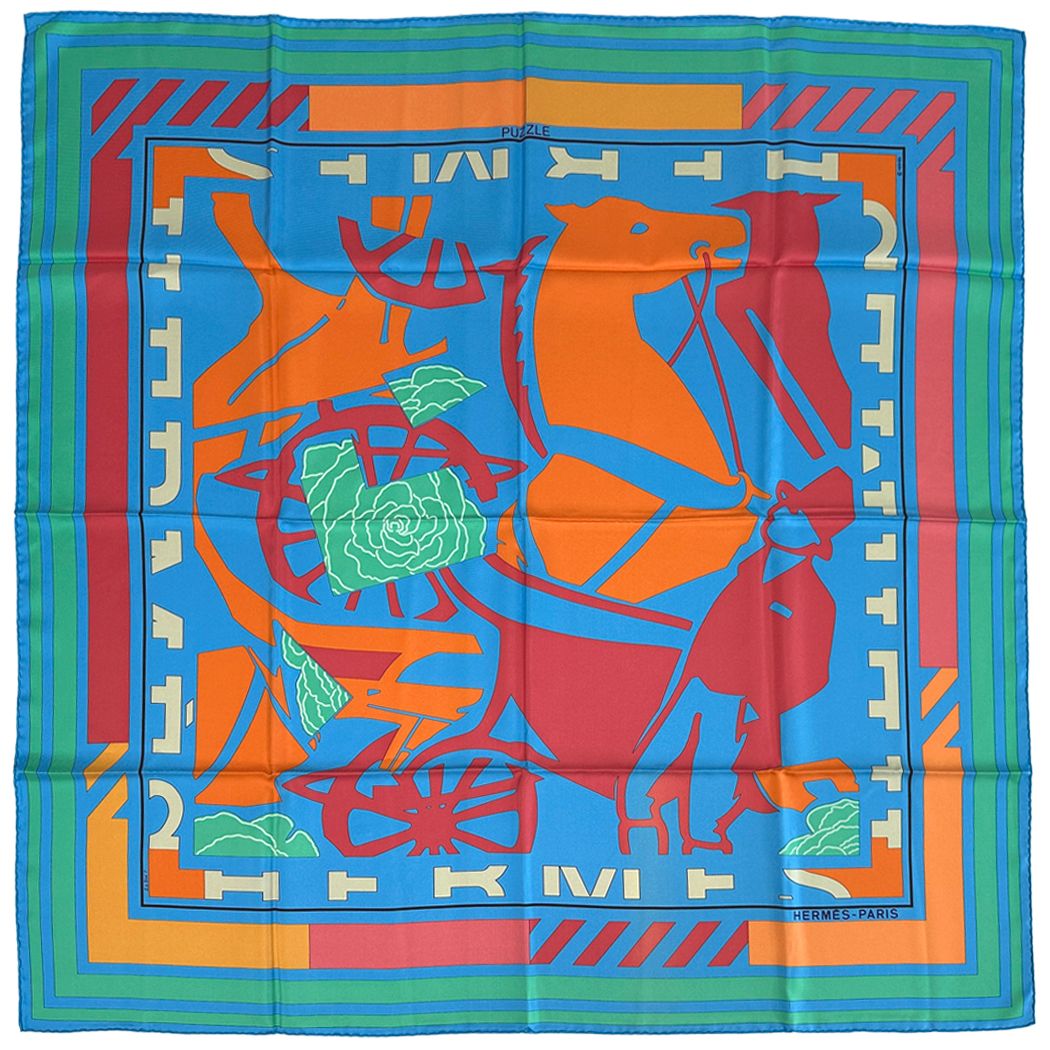 Hermes Scarf Carre 90 Puzzle Silk Blue Orange Multicolor Horse Large