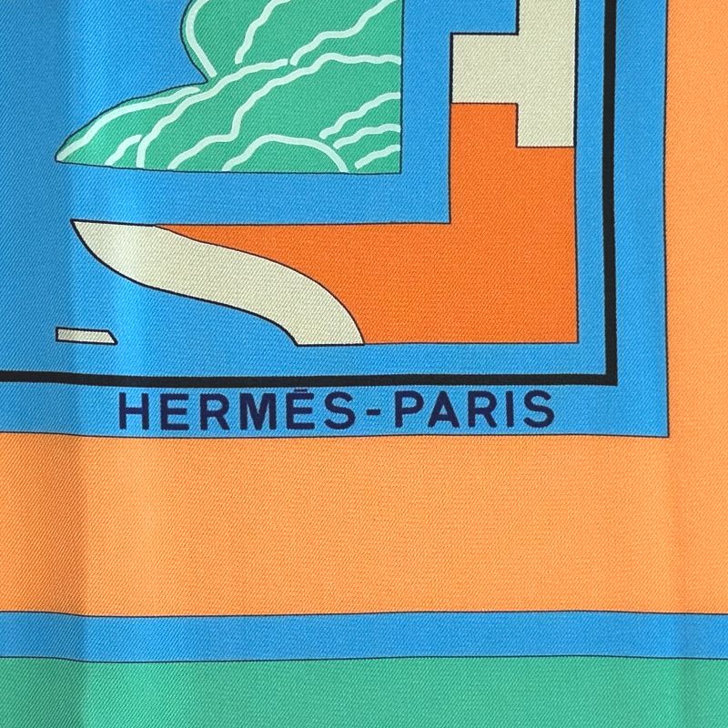 Hermes Scarf Carre 90 Puzzle Silk Blue Orange Multicolor Horse Large — view 3
