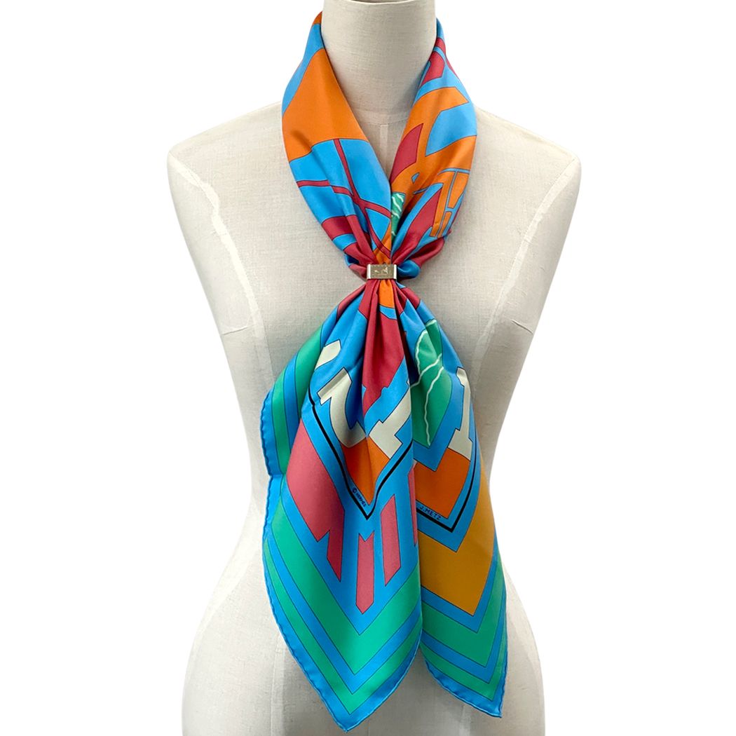 Hermes Scarf Carre 90 Puzzle Silk Blue Orange Multicolor Horse Large — view 6
