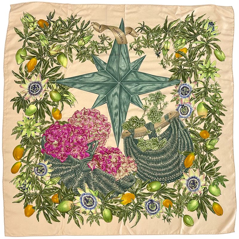 Hermes Scarf Carre 90 Passiflores Passion Flower Silk Beige Multicolor Plant