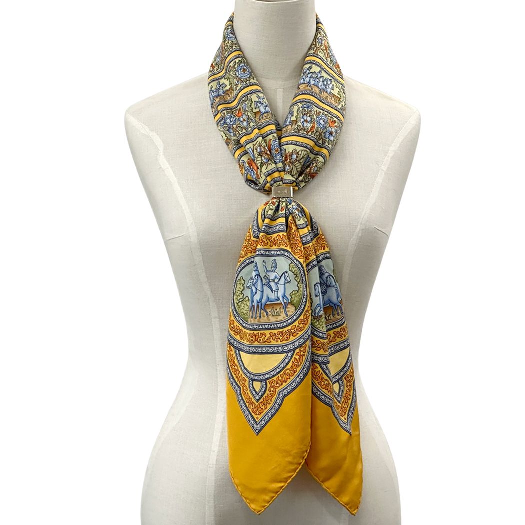 Hermes Scarf Carre 90 Qalamdan Silk Yellow Multicolor Horse Bird Animal Large — view 7