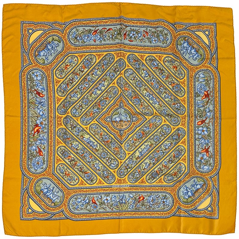 Hermes Scarf Carre 90 Qalamdan Silk Yellow Multicolor Horse Bird Animal Large