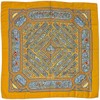 Hermes Scarf Carre 90 Qalamdan Silk Yellow Multicolor Horse Bird Animal Large