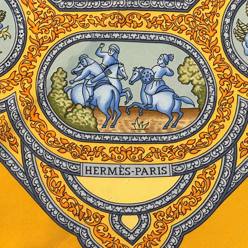 Hermes Scarf Carre 90 Qalamdan Silk Yellow Multicolor Horse Bird Animal Large — view 4