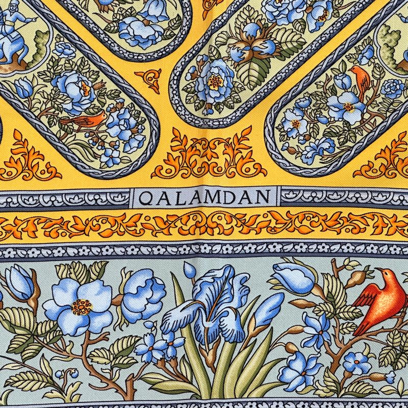 Hermes Scarf Carre 90 Qalamdan Silk Yellow Multicolor Horse Bird Animal Large — view 3