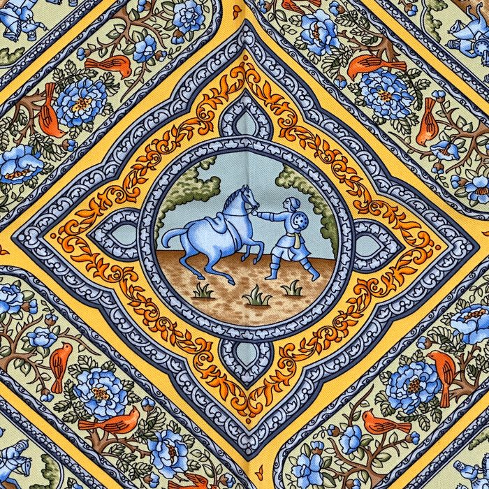Hermes Scarf Carre 90 Qalamdan Silk Yellow Multicolor Horse Bird Animal Large — view 2
