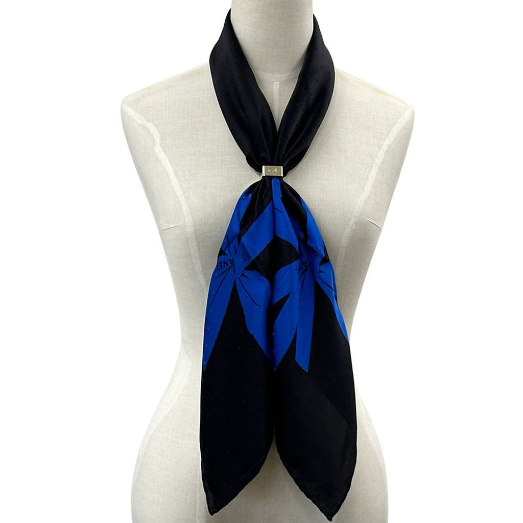 Chanel Scarf Silk Black Blue Ribbon Dot Logo Large — view 5