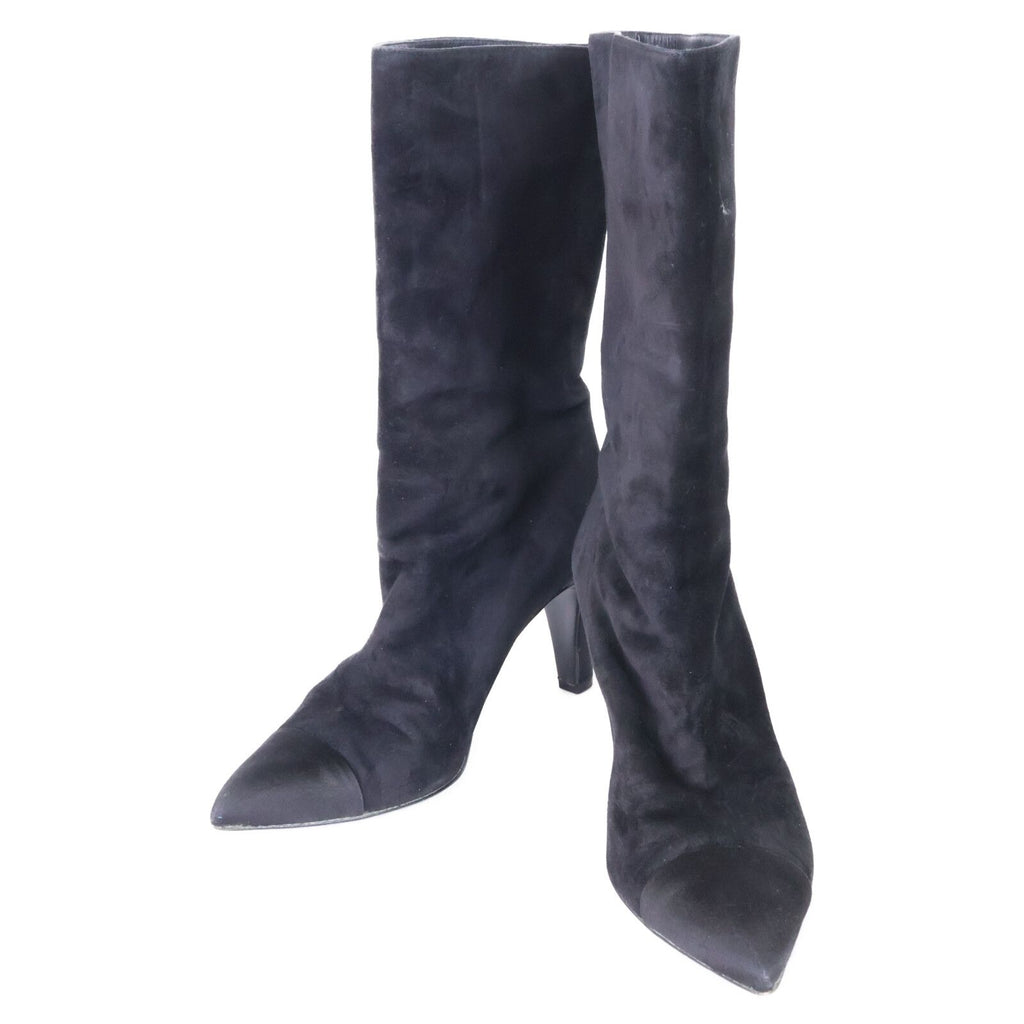 Chanel Gabriel CC Logo Embroidery Suede Satin Pointed Toe Boots 40 1 2C
