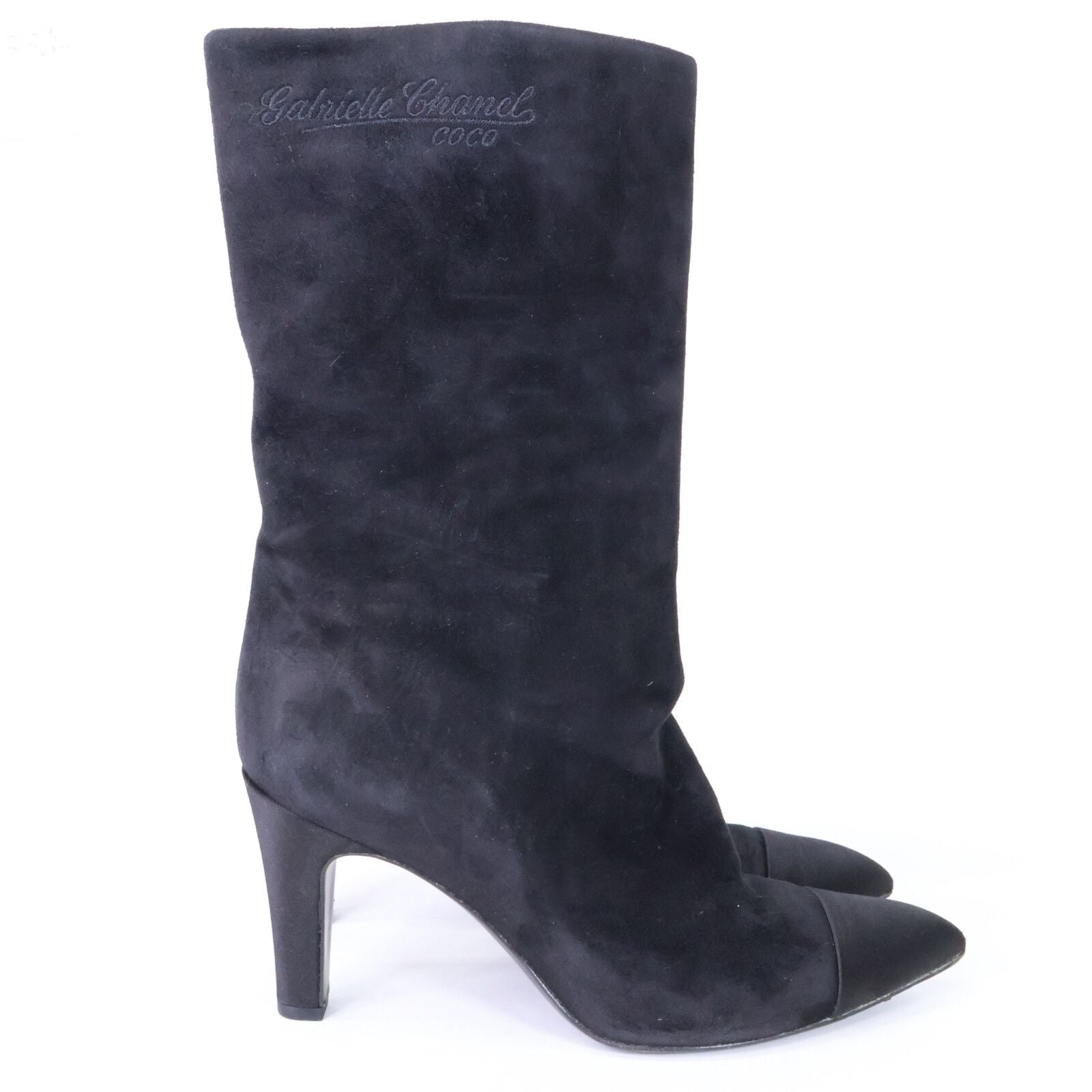 Chanel Gabriel CC Logo Embroidery Suede Satin Pointed Toe Boots 40 1 2C — view 4