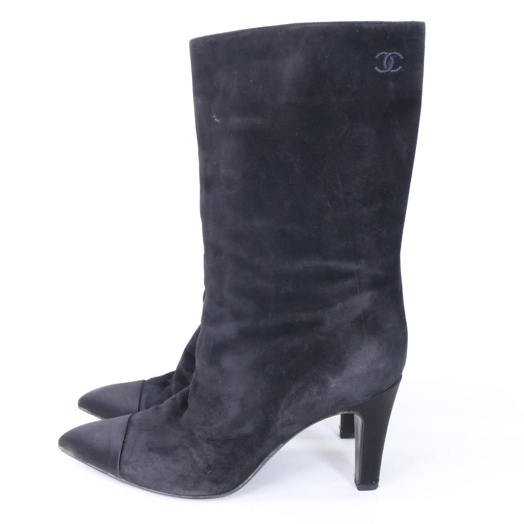 Chanel Gabriel CC Logo Embroidery Suede Satin Pointed Toe Boots 40 1 2C — view 2