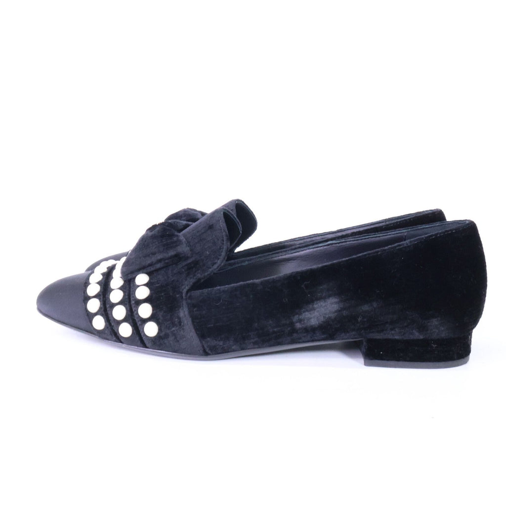 Chanel CC Logo Imitation Pearl Ribbon Velvet Opera Shoes 39 1 2C — view 2