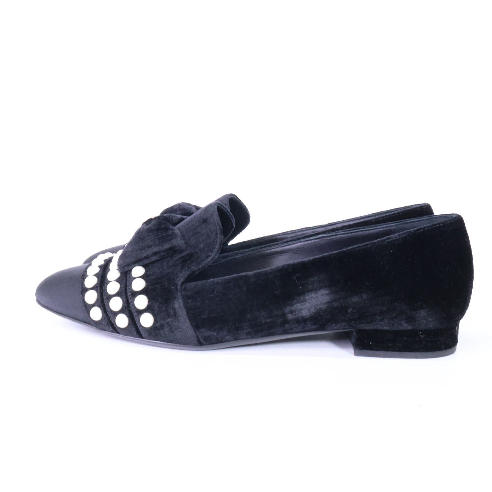Chanel CC Logo Imitation Pearl Ribbon Velvet Opera Shoes 39 1 2C — view 2