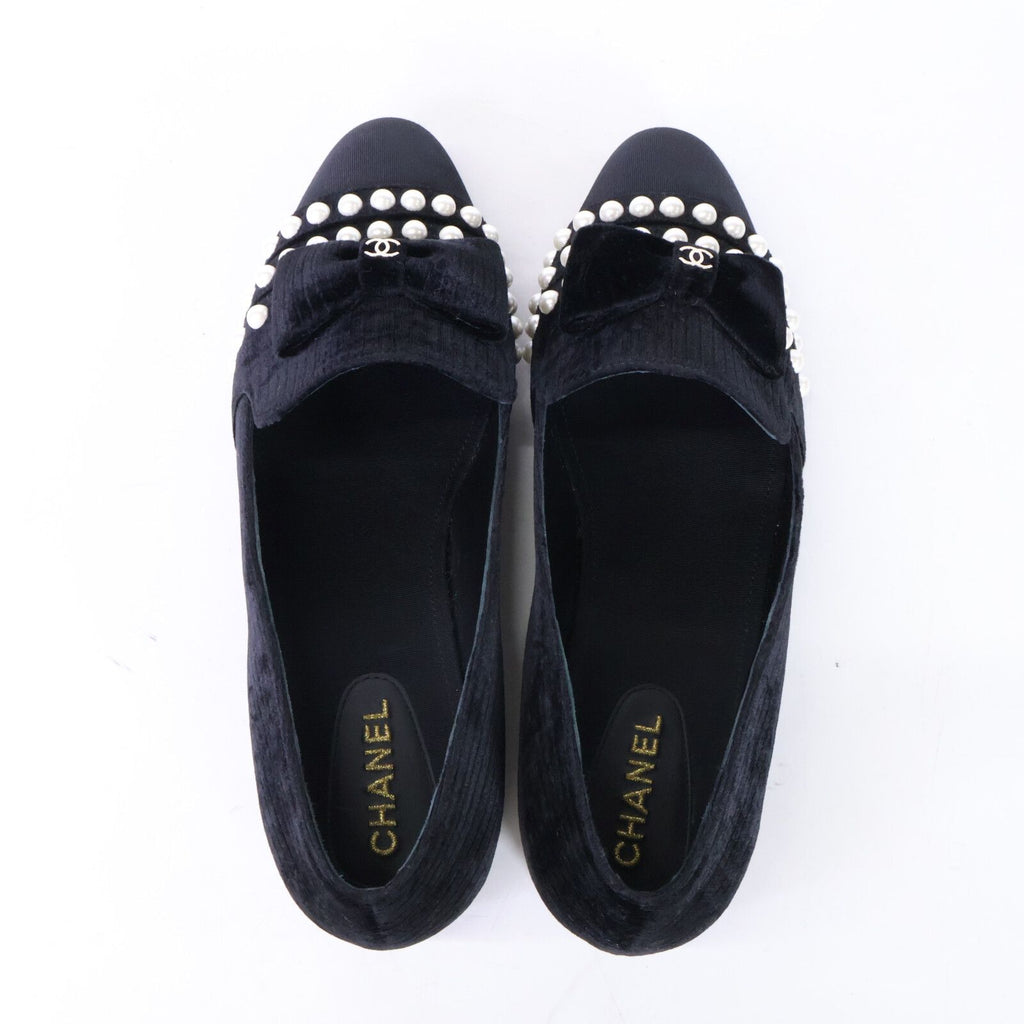 Chanel CC Logo Imitation Pearl Ribbon Velvet Opera Shoes 39 1 2C — view 5