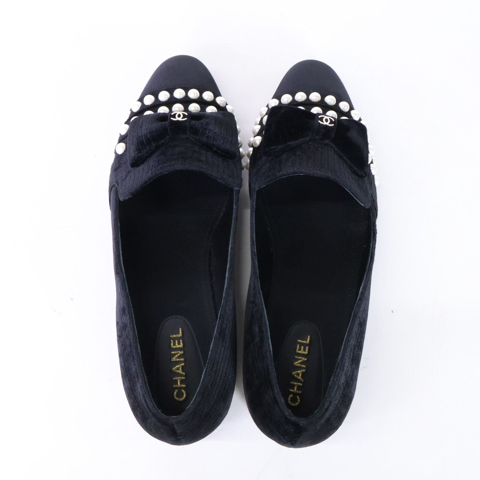 Chanel CC Logo Imitation Pearl Ribbon Velvet Opera Shoes 39 1 2C — view 5
