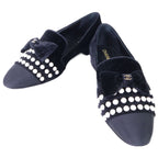 Chanel CC Logo Imitation Pearl Ribbon Velvet Opera Shoes 39 1 2C
