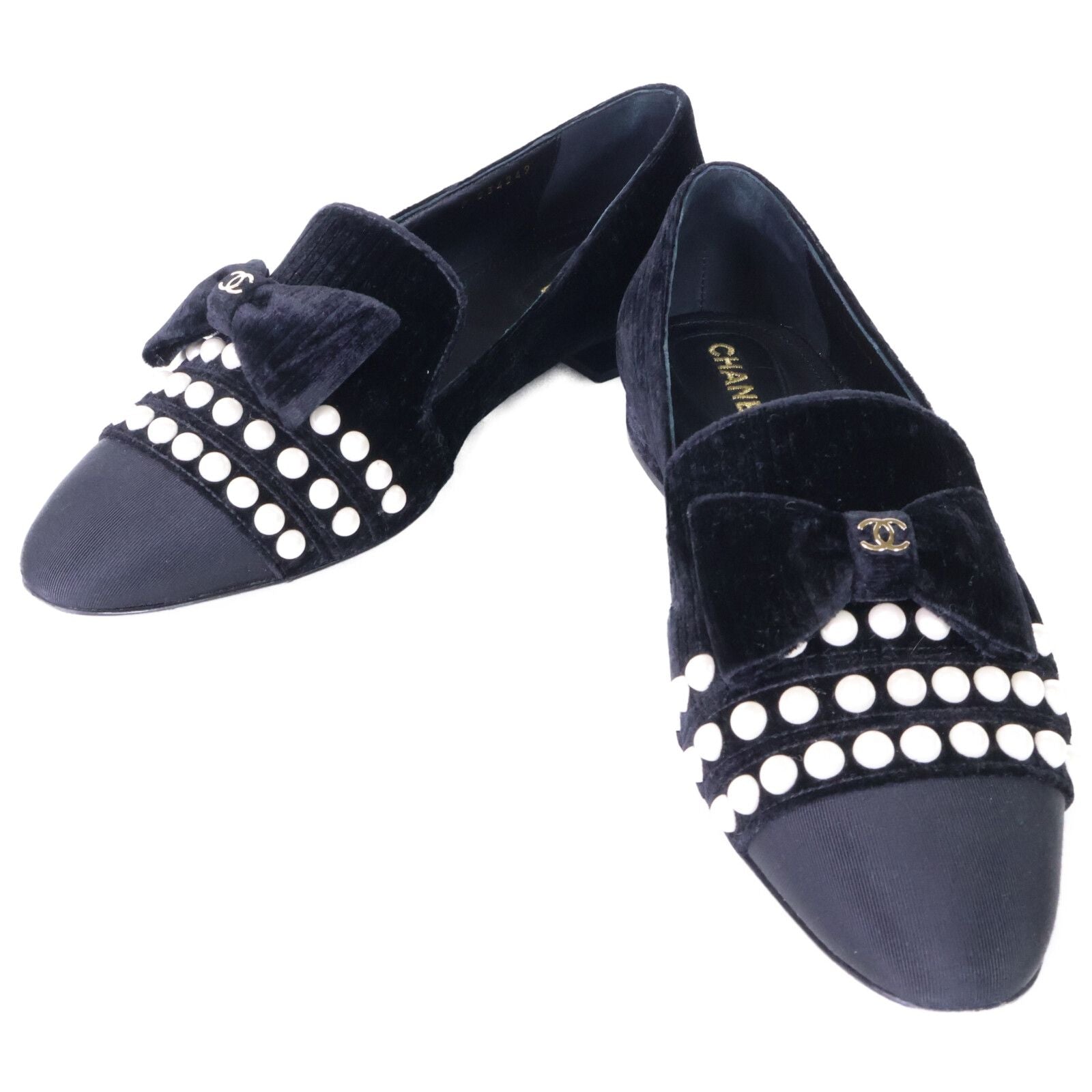 Chanel CC Logo Imitation Pearl Ribbon Velvet Opera Shoes 39 1 2C