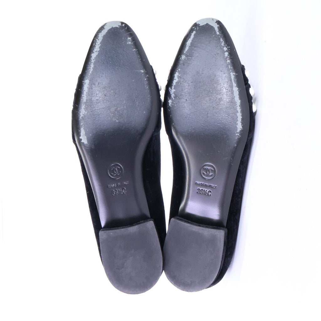 Chanel CC Logo Imitation Pearl Ribbon Velvet Opera Shoes 39 1 2C — view 6