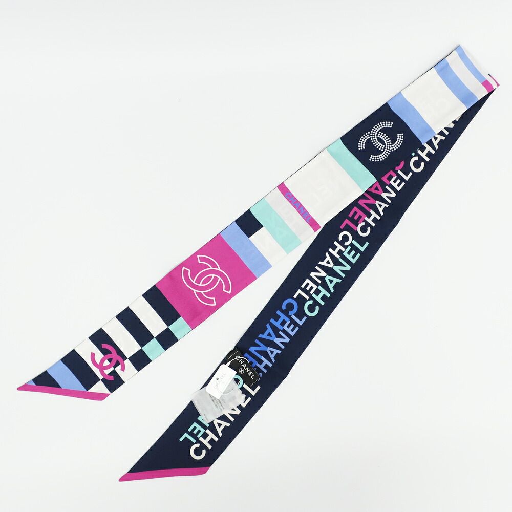Chanel Ten Headband Ribbon Scarf Silk Multicolor CC Logo — view 2