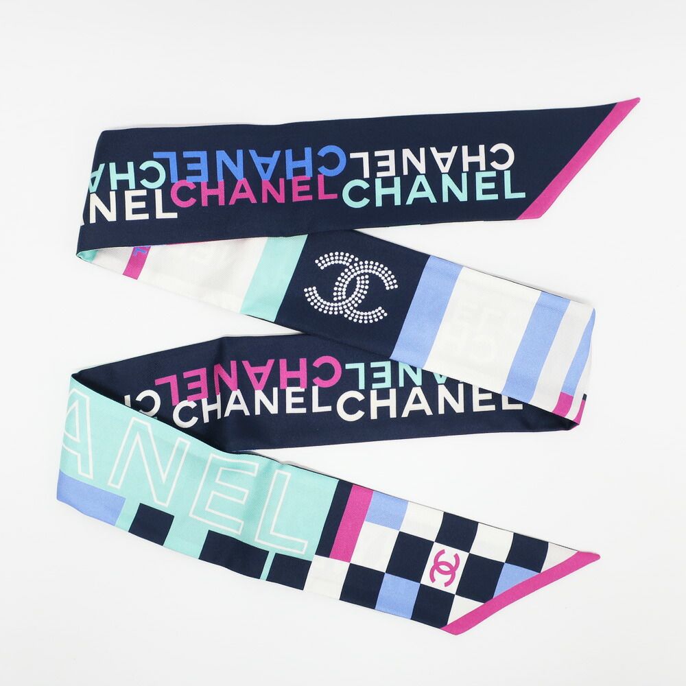 Chanel Ten Headband Ribbon Scarf Silk Multicolor CC Logo — view 9