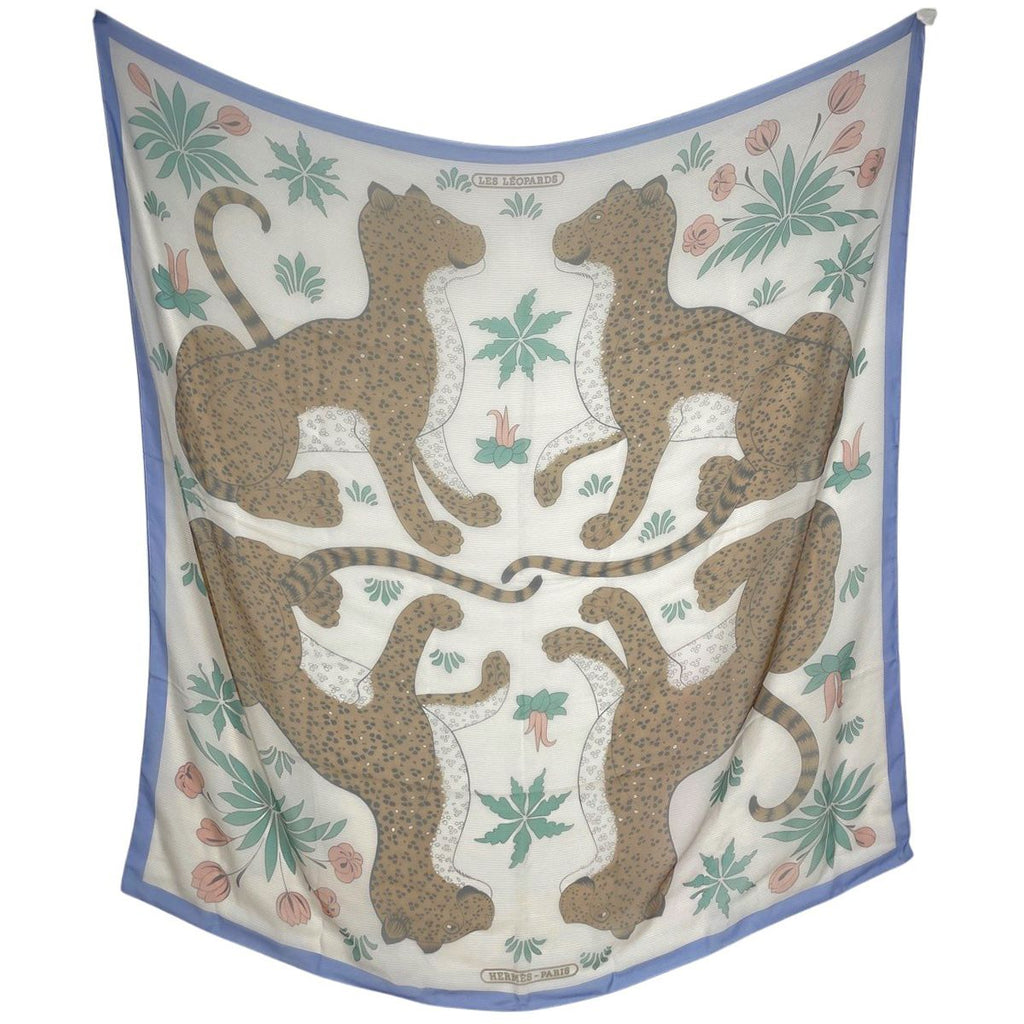 Hermes Carre 140 les Leopard Shawl Large Scarf Silk White Brown Multicolor