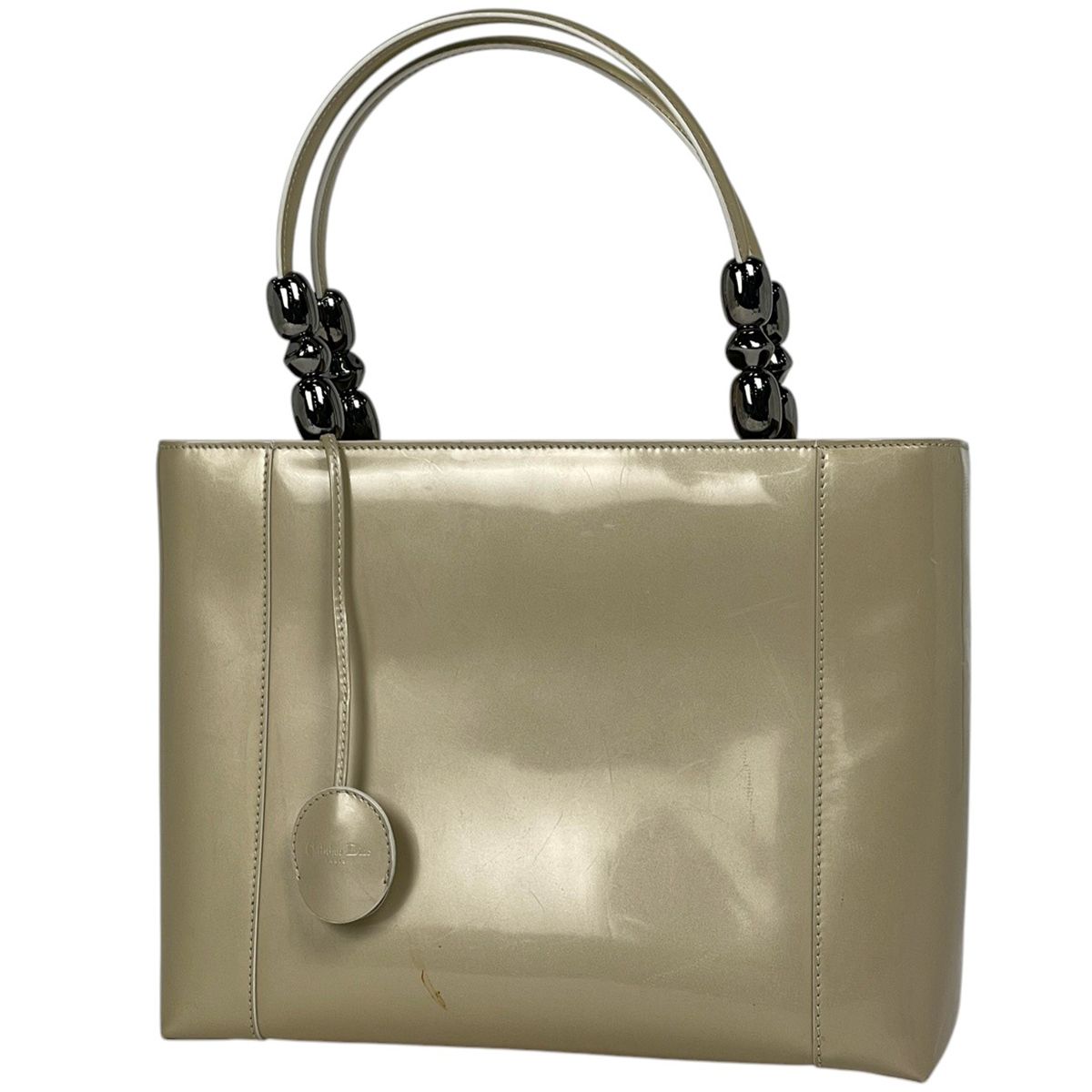 Dior Maris Pearl Handbag 2-Way Enamel Patent Leather Beige