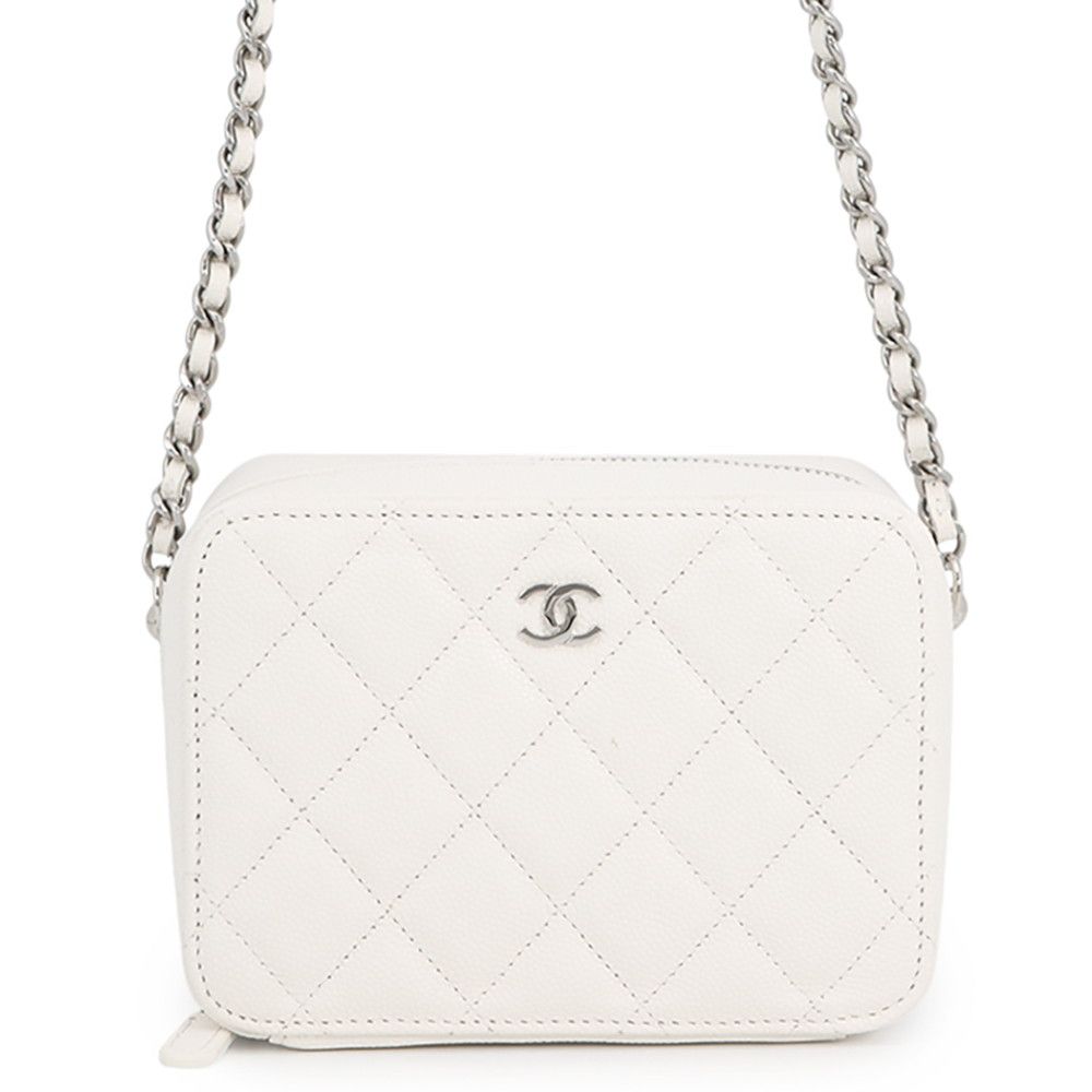 Chanel Chain Shoulder Bag Quilted CC Logo Caviar Leather Pochette White