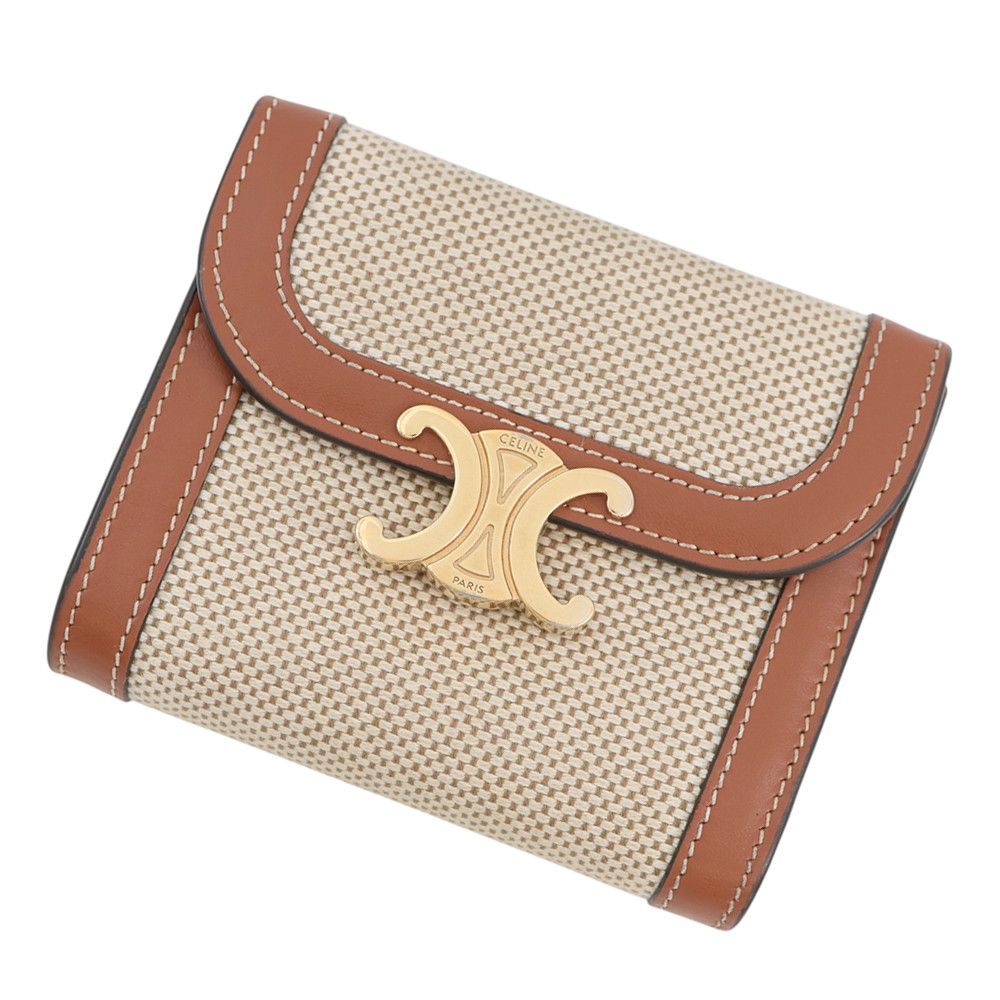 Celine Trifold Wallet Triomphe Compact Calf Leather Canvas