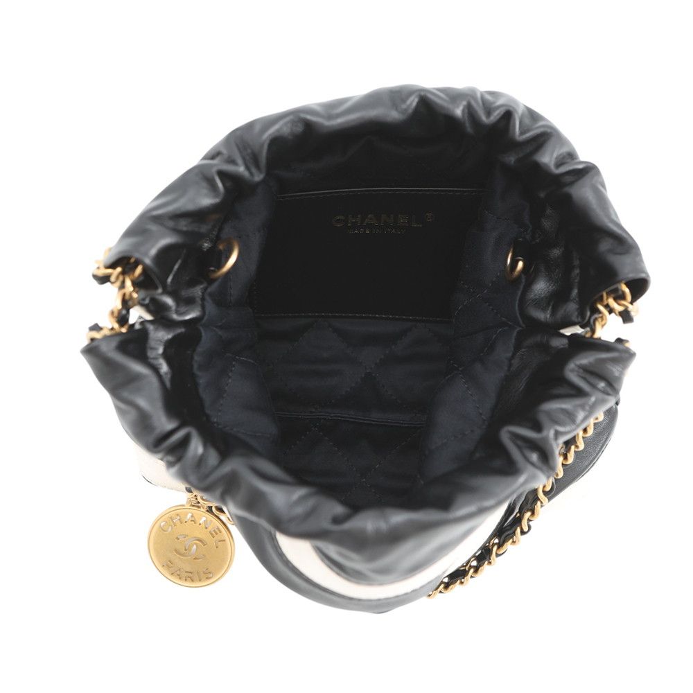 Chanel 22 Mini CC Logo Shiny Calfskin 2-Way Shoulder Bag Black White — view 6