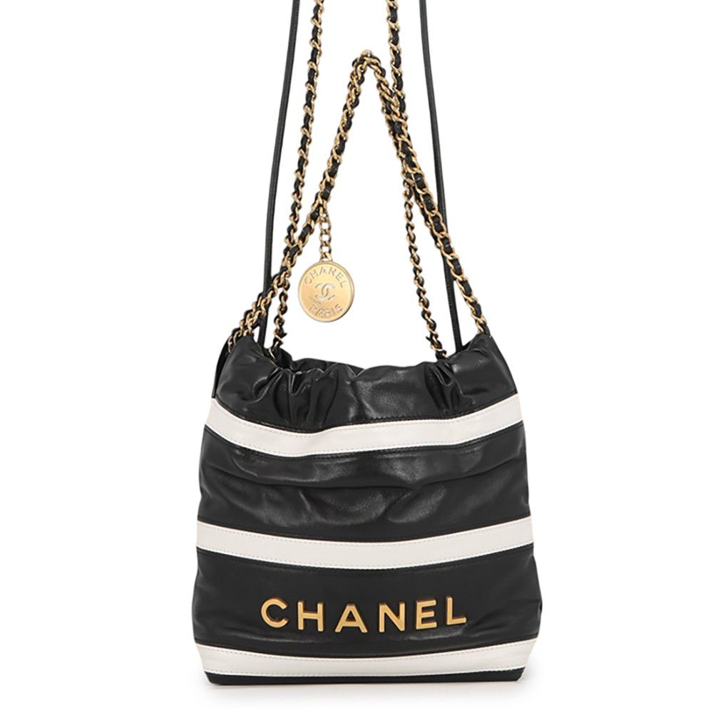 Chanel 22 Mini CC Logo Shiny Calfskin 2-Way Shoulder Bag Black White