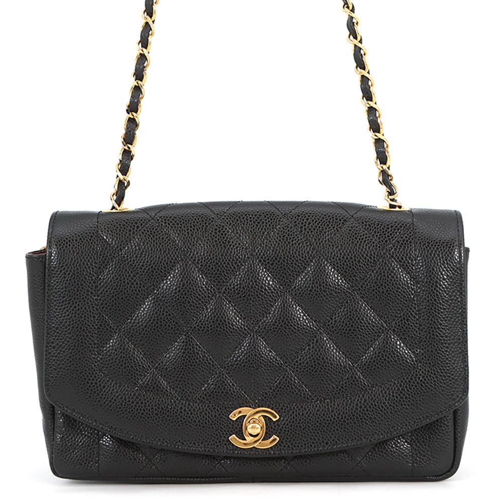 Chanel Chain Shoulder Bag Quilted 25 CC Logo Diana Caviar Leather Black