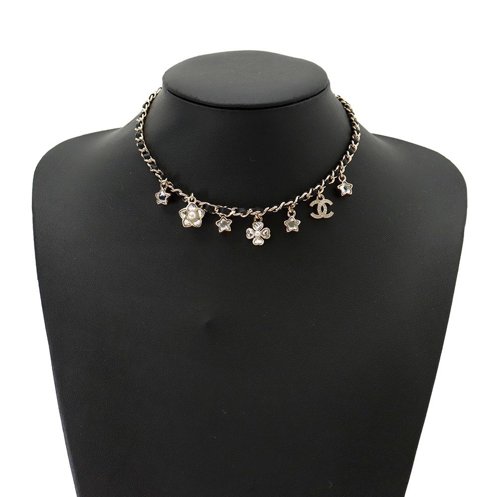 Chanel Necklace CC Logo Charm Rhinestone Faux Pearl B Choker — view 4