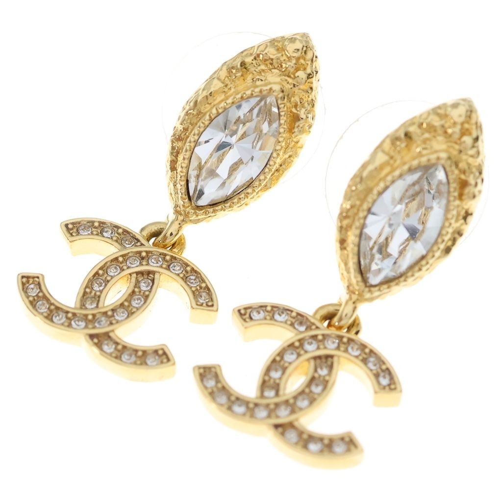 Chanel CC Logo Rhinestone Drop Earrings Gold