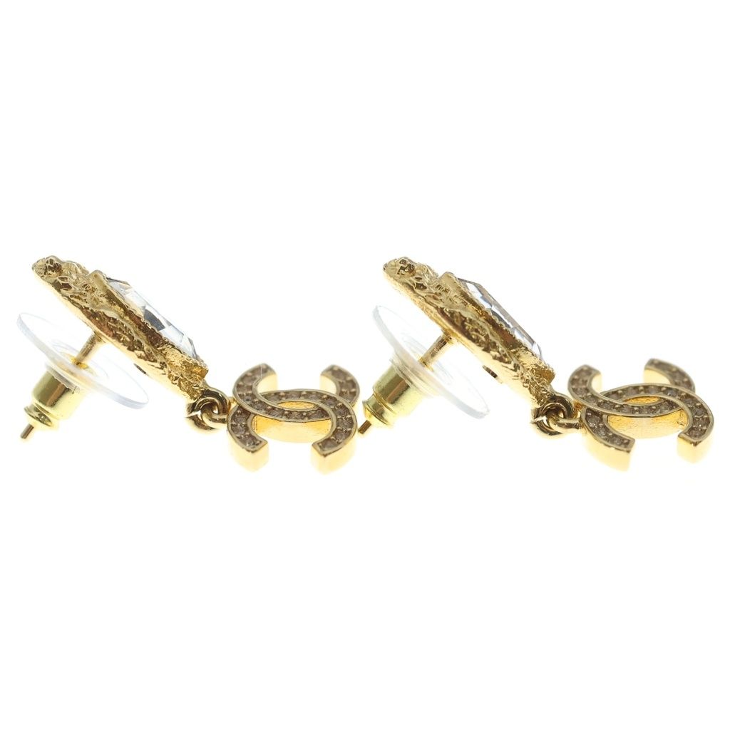Chanel CC Logo Rhinestone Drop Earrings Gold — view 4