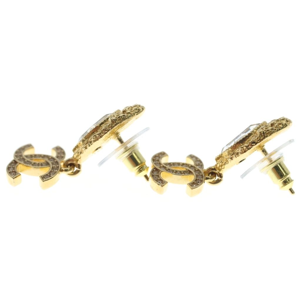 Chanel CC Logo Rhinestone Drop Earrings Gold — view 3