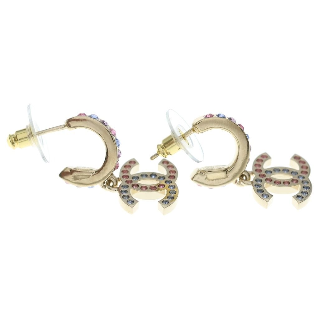 Chanel CC Logo Rhinestone Hoop Drop Earrings Gold — view 4