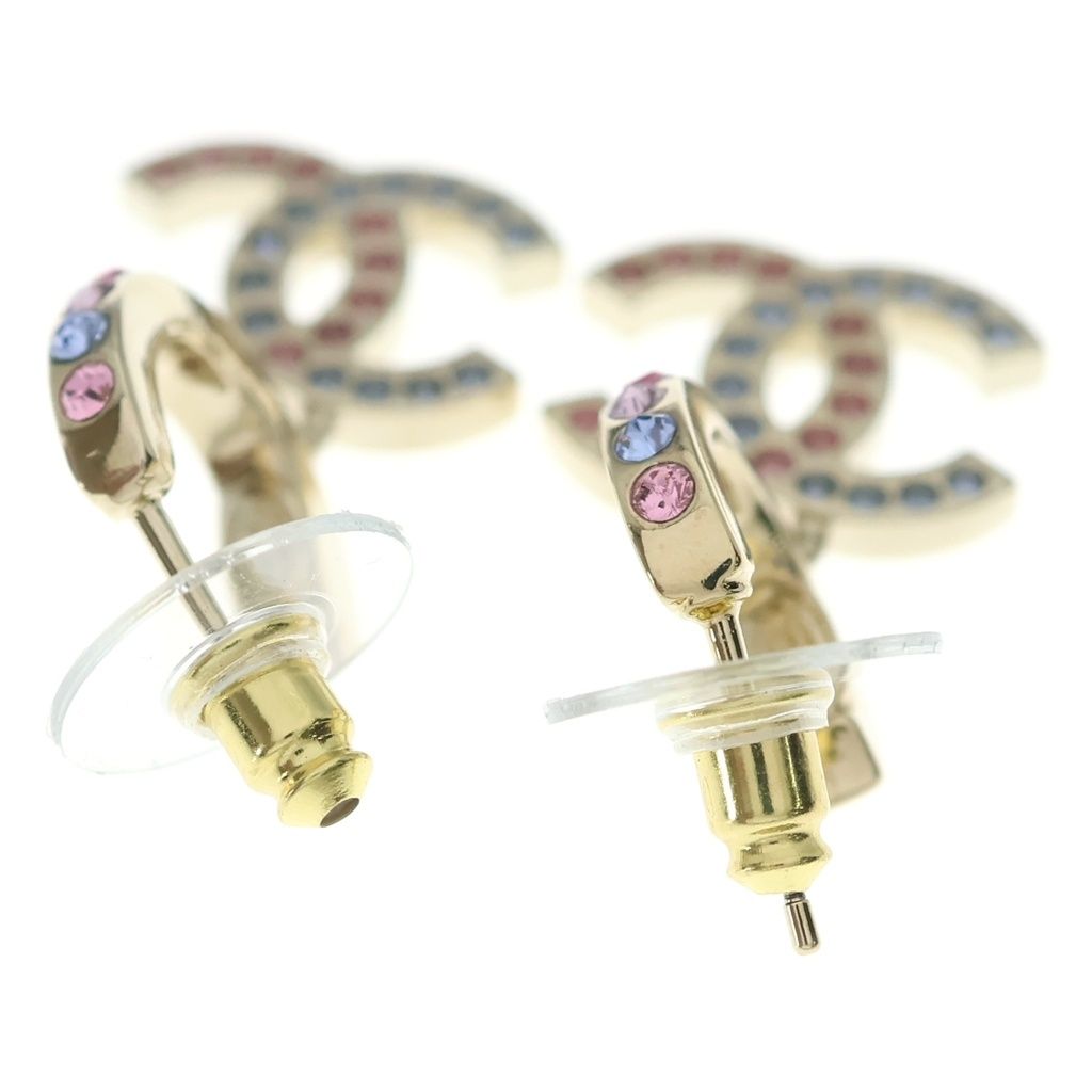 Chanel CC Logo Rhinestone Hoop Drop Earrings Gold — view 2