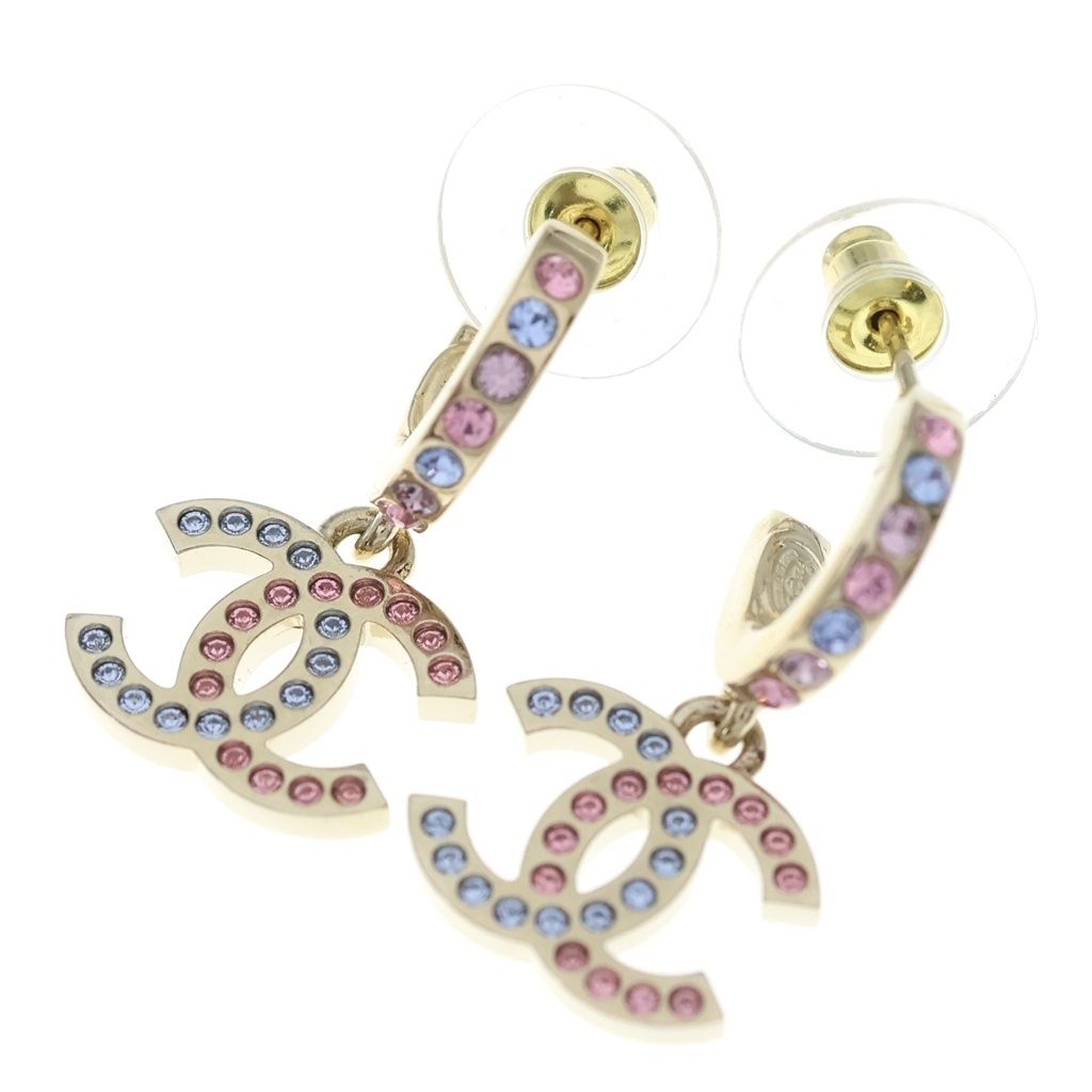 Chanel CC Logo Rhinestone Hoop Drop Earrings Gold