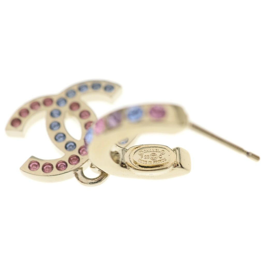 Chanel CC Logo Rhinestone Hoop Drop Earrings Gold — view 5