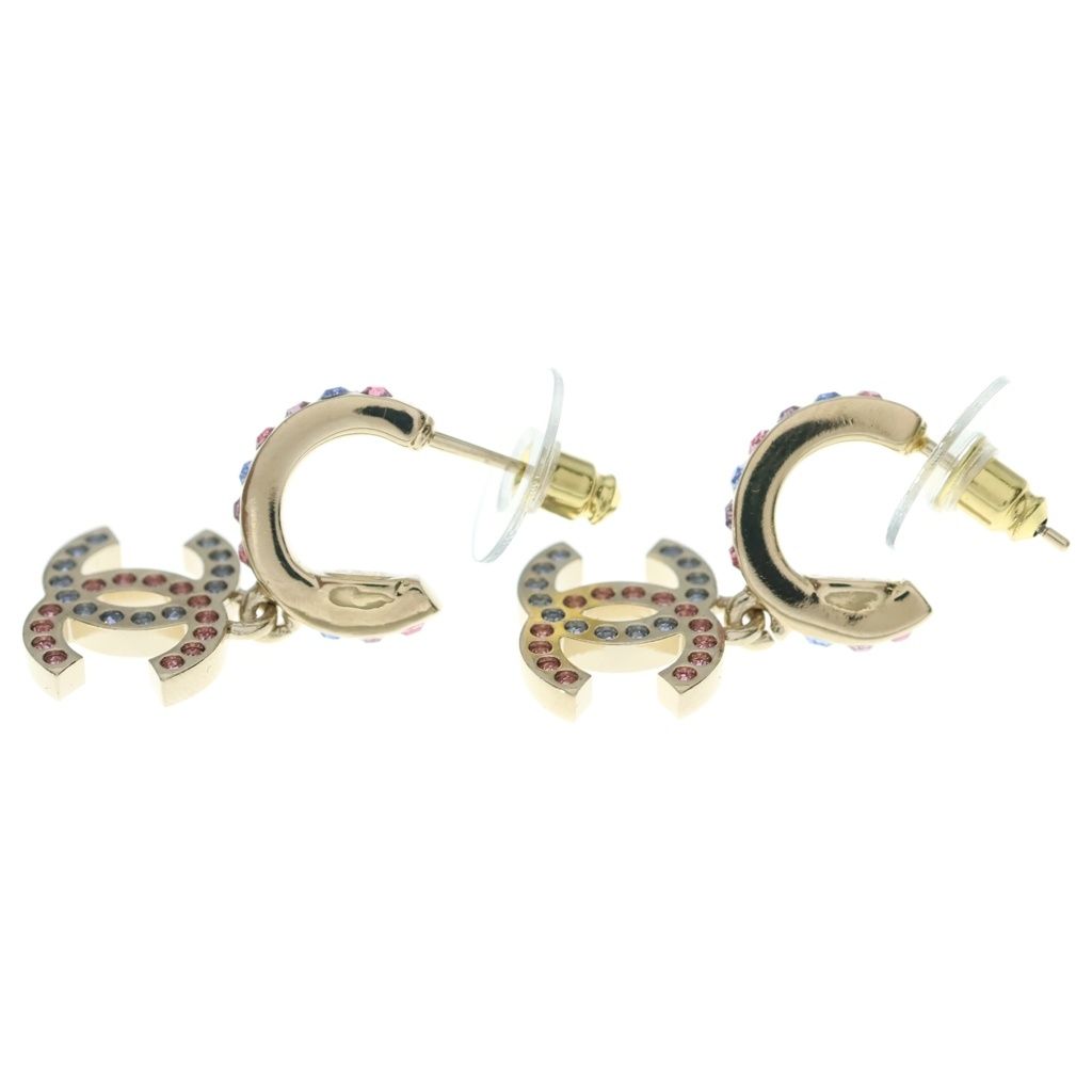 Chanel CC Logo Rhinestone Hoop Drop Earrings Gold — view 3
