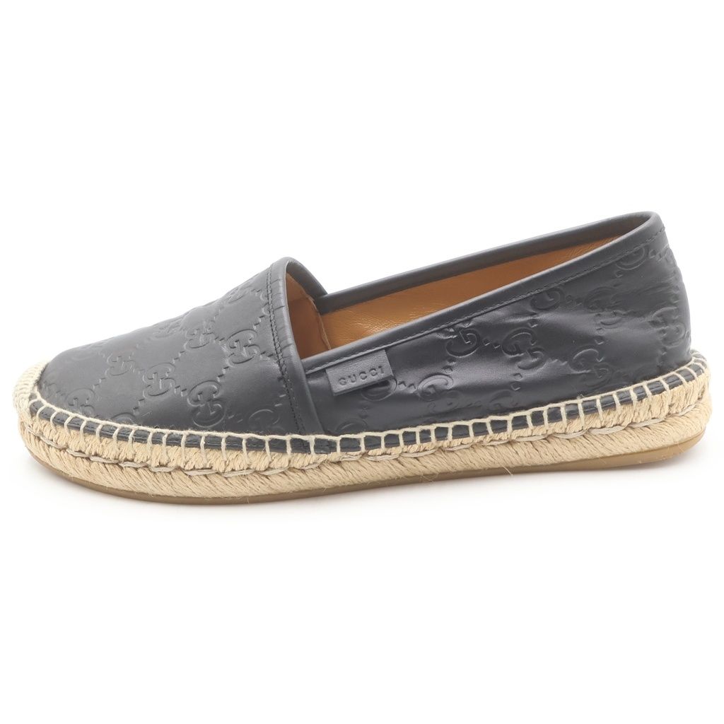 Gucci Guccissima Leather Raffia Loafers Flat Shoes 37 Black Beige