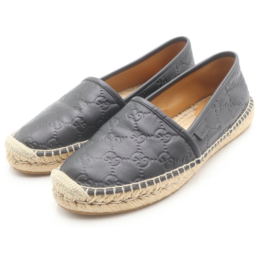 Gucci Guccissima Leather Raffia Loafers Flat Shoes 37 Black Beige — view 2